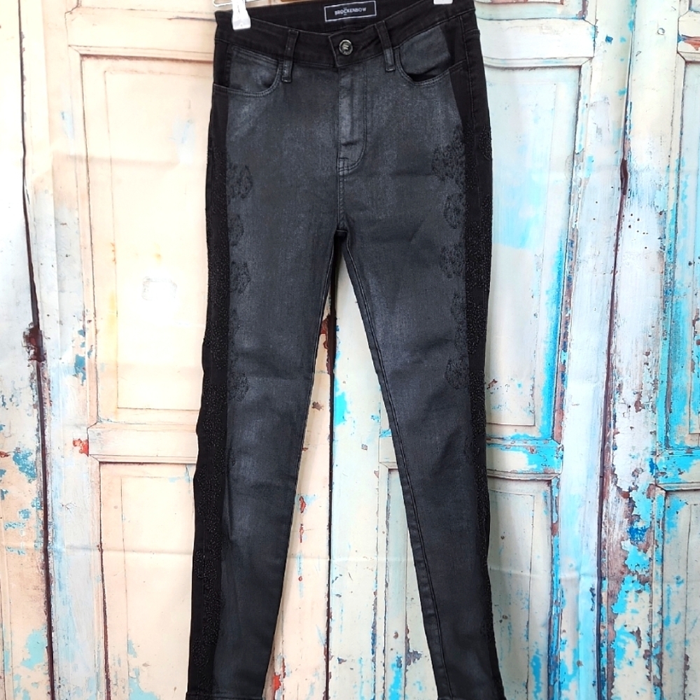 Brockenbow Reina Skinny High Waisted Glitter Tuxedo Black Jeans